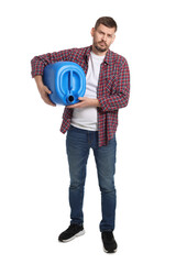 Man holding plastic canister on white background