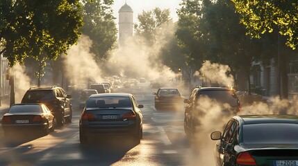 Heavy City Traffic Emitting CO2 and Greenhouse Gases into the Atmosphere Causing Air and Climate Pollution