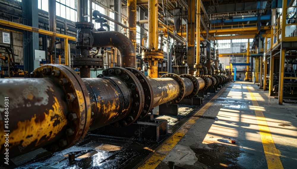 Poster industrial pipeline system in factory with sunlight reflection