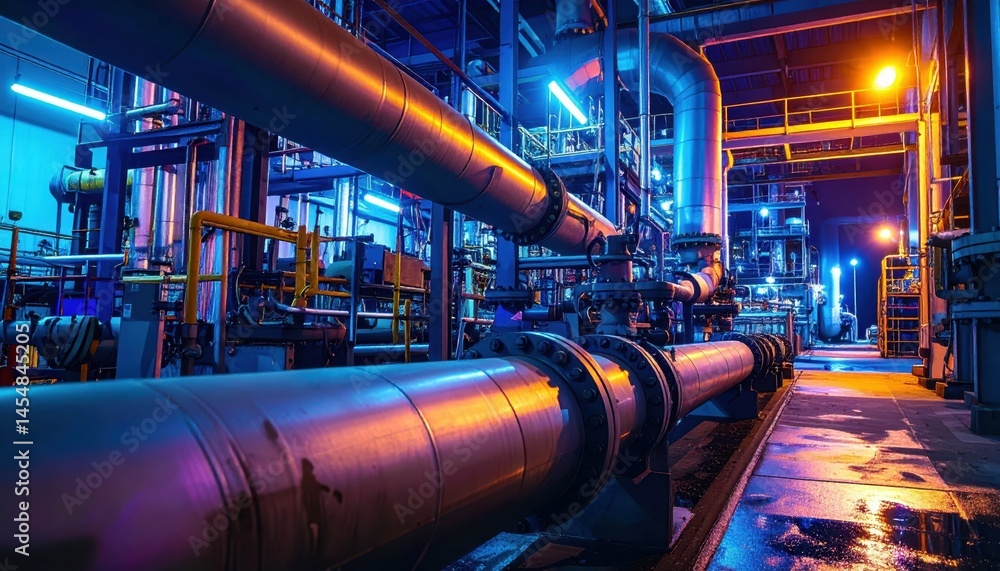 Poster industrial pipeline with colorful neon lights in a factory setting