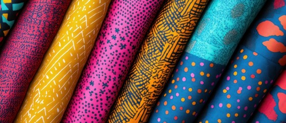 Rolls of colorful textiles showcase vibrant, ethnic patterns through bold African print fabrics, capturing design.