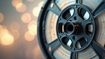 Close-up of a vintage film reel against a bokeh background. The dark metal and aged film create a nostalgic mood.