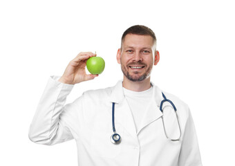 Nutritionist with green apple and stethoscope on white background