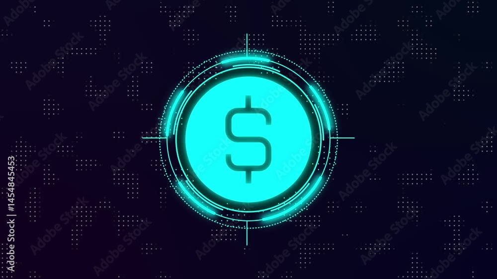 Poster concept of dollar crypto currency shown on digital neon tech background to represent blockchain, fut