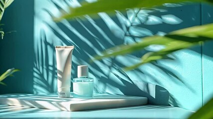 Cosmetic products with tropical palm shadow background for beauty and skincare promotion