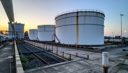 Obraz premium Industrial Storage Tanks at Sunset in Oil and Gas Facility