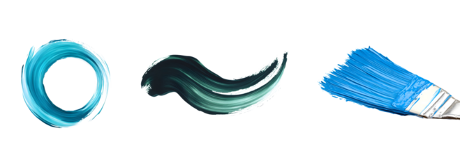 Artistic blue and green paint brush strokes and paintbrush isolated on a transparent background
