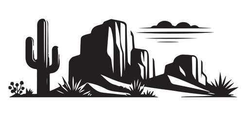 Silhouette of Desert Landscape with Cactus and Mountains Artwork