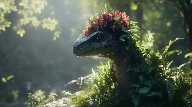 dinosaur head with plants in the forest. 4k animation video