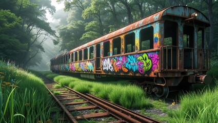 A vibrant graffiti-covered train car sits abandoned in a lush, overgrown forest. The rusty metal contrasts with the bright colors, creating a captivating scene.