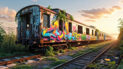 Obraz premium Vibrant graffiti art adorns an abandoned train car at sunset, creating a captivating scene of urban decay and artistic expression.