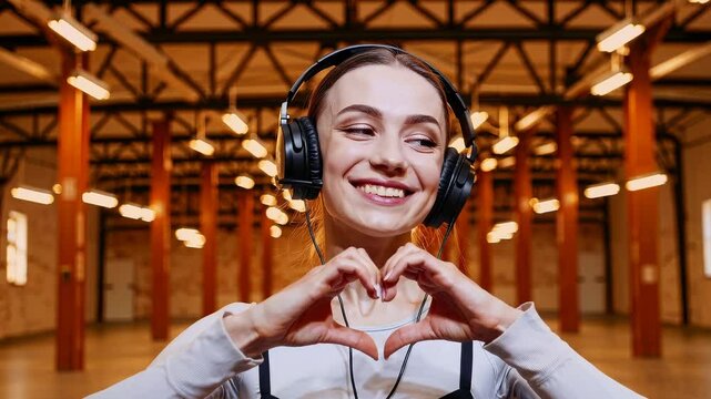 Smiling woman with headset making heart gesture with hands in spacious industrial-style interior