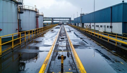Fototapeta premium Industrial Warehouse Aisle with Wet Floor and Storage Tanks