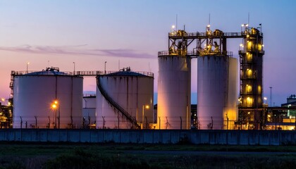 Obraz premium Industrial Storage Tanks at Dusk with Illuminated Facility Lights
