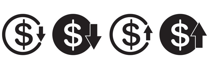 Dollar rate increase vector icon set. Rise cost vector illustration. Business money cash increase signs set eps 10 