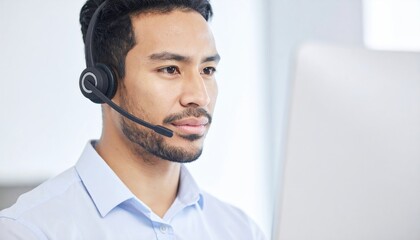  Financial broker, man and headset by computer for customer service, trading investment or market insight