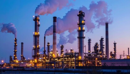 Industrial Refinery at Dusk with Emissions and Lighting Effects