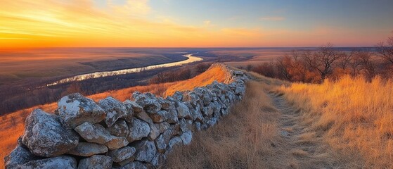 Landscape displays golden field meeting stone wall as the sun sets over river, evoking peaceful atmosphere.