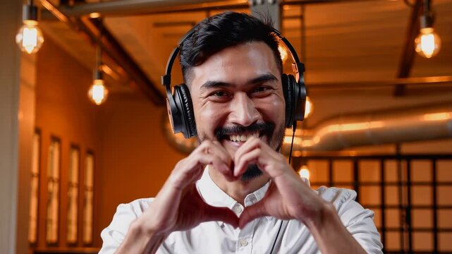 Smiling man with headphones making heart gesture with hands in modern industrial-style interior