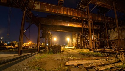 Fototapeta premium Dark Abandoned Industrial Warehouse with Rusty Structures and Lights