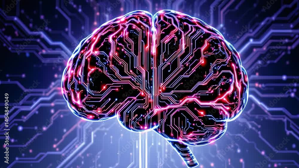 Poster conceptual illustration of a brain with circuit patterns in a high-tech background environment