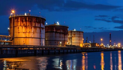 Obraz premium Industrial Oil Storage Tanks Reflected in Water During Night Sky