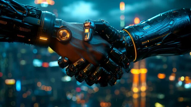 Two robots shaking hands