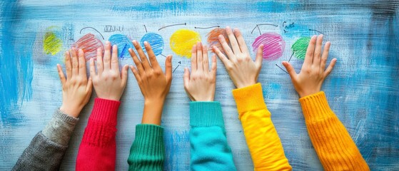 Fototapeta premium Multiracial hands reach towards colorful circle graph drawn on painted backdrop, symbolizing collaboration and connection.