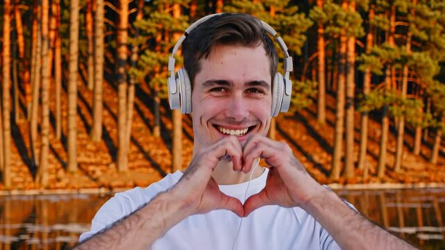 Smiling man with headphones making heart gesture with hands in front of forest and lake at sunset