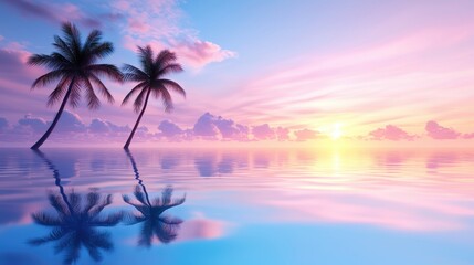 Summer reflection of palm trees and a sunset sky mirrored in a calm ocean, creating tranquility.
