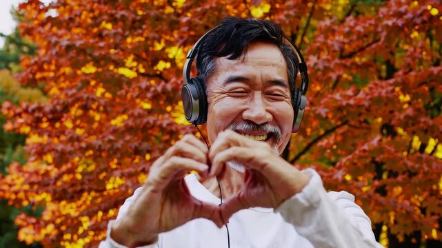 Smiling senior man with headphones making heart gesture with hands in front of vibrant autumn trees