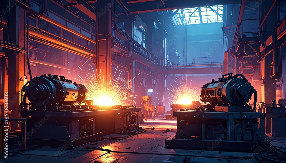 Aufkleber dynamic workshop scene with sparks and industrial machines in action