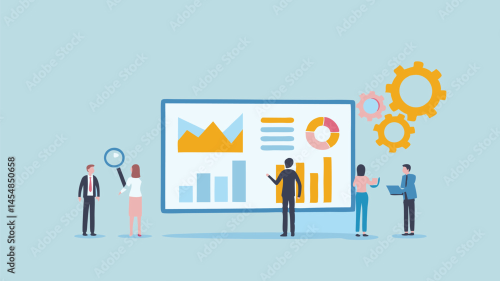Poster team analyzing data charts graphs business insights strategy planning modern
