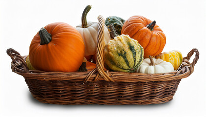 pumpkins in a basket isolated on a transparent background different varieties of decorative pumpkins autumn harvest