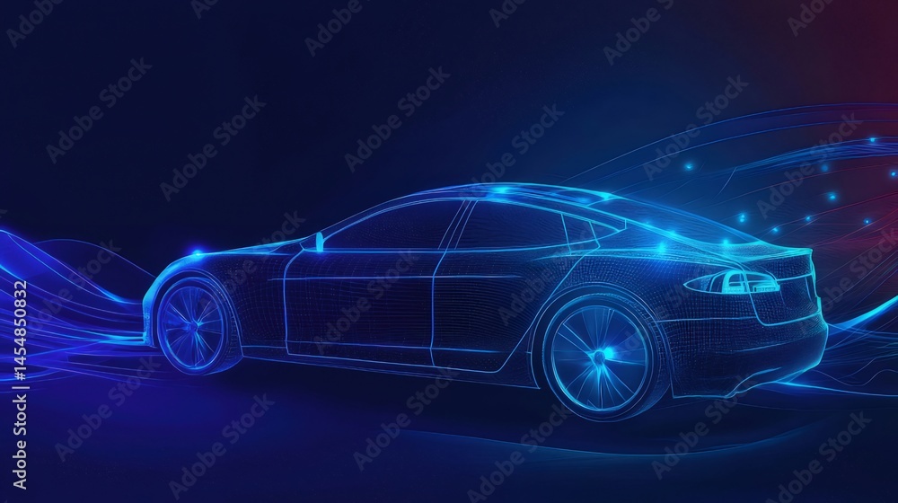 Poster 青色光線とデジタル粒子で描かれた未来的な自動車のイラスト 抽象的な背景に浮かぶ未来都市のコンセプト