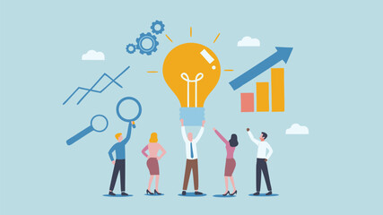 Team lifting bright idea growth chart success innovation collaboration lightbulb