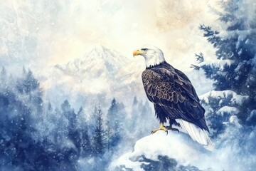 Majestic Eagle Perched on Snowy Mountain Peak in Winter Landscape