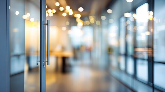 Business meeting entrance modern office blurred interior bright environment perspective viewpoint