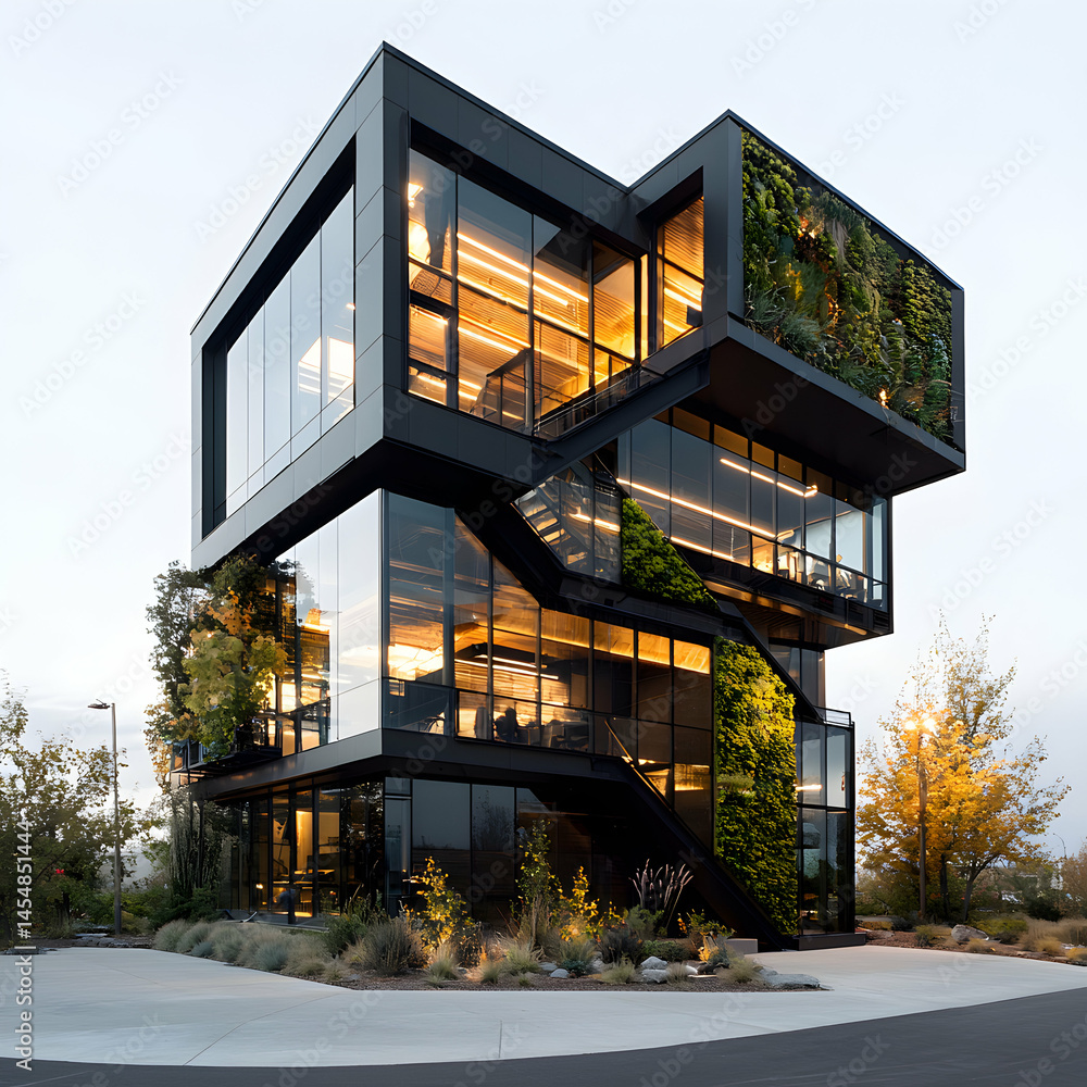 Aufkleber modern office building with a unique design. incorporates green walls and large windows for natural 