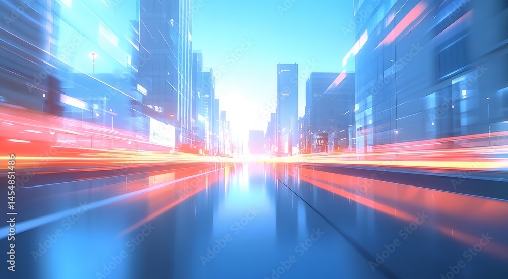 Poster 未来的な都市の夜のストリートシーン 青と赤の光の反射 抽象的な背景の都市景観