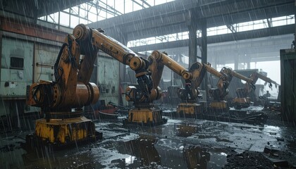 Industrial Robotics in Rainy Factory with Heavy Automation Action