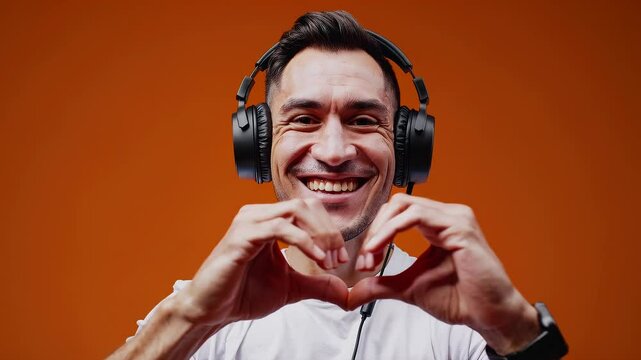 Smiling man with headphones making heart gesture with hands in front of orange background