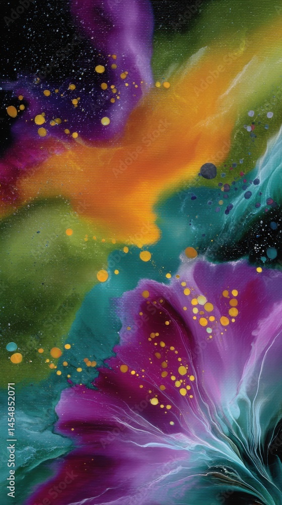 Poster abstract artwork featuring a vibrant blend of watercolor paints, creating a dynamic burst of color a