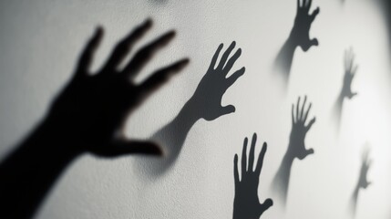 Obraz premium A dimly lit white wall with multiple eerie hand shadows stretching unnaturally from the edges, leaving a wide empty space in the center.