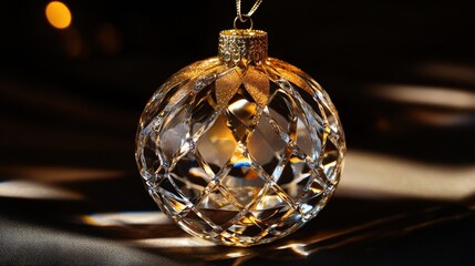 Ornate, faceted christmas ornament in rich golden light.