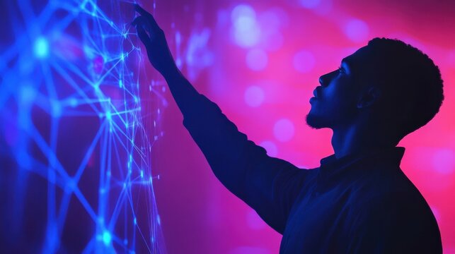 Silhouette of African American man reaching towards abstract digital data visualization
