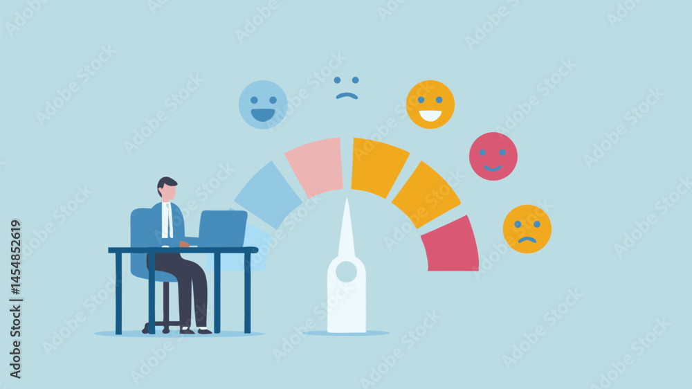 Poster monitoring customer feedback gauge satisfaction with emojis simple design