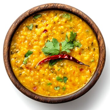 Bowl of yellow dal garnished with cilantro and chili isolated on white background