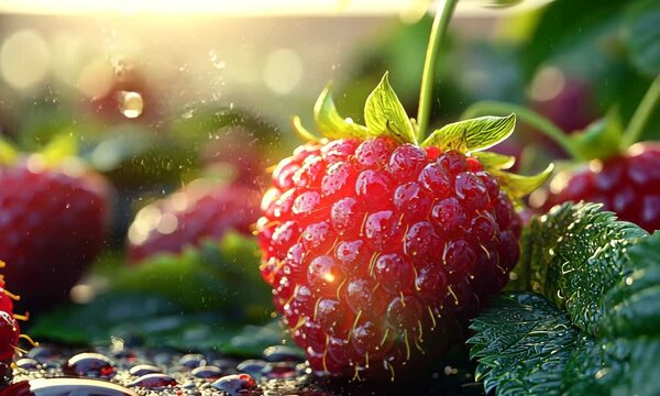 Ripe strawberries glisten in sunlight on a garden patch