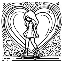 Fototapeta premium Girl Skating in Heart Pattern - Cute Black and White Illustration